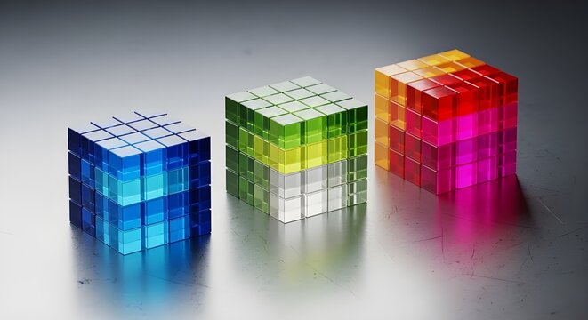 3d rendering of colorful transparent geometric cubes with gradient lighting