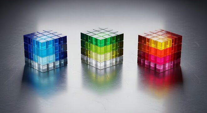 3d rendering of multicolor translucent glass cubes with gradient lighting effect