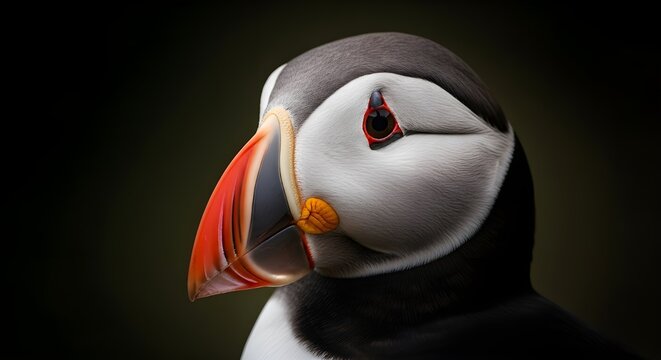 Close-up portrait of Atlantic puffin with vibrant orange beak in natural lighting