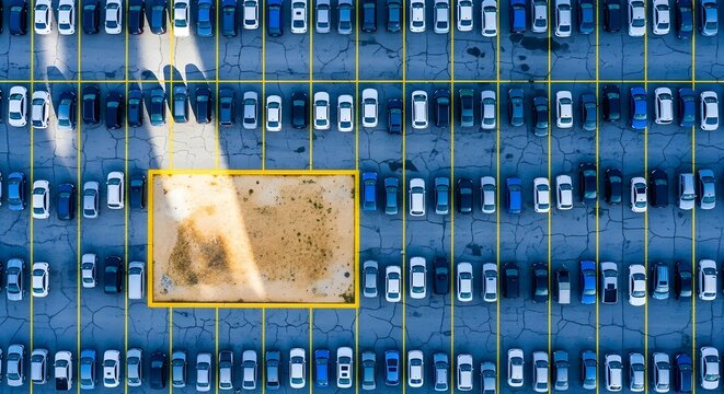 Aerial view of wildfire damage in urban parking lot with smoke and destruction