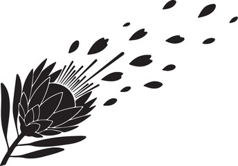 Obraz premium A striking black silhouette of a flower in bloom, with petals or seeds gracefully dispersing into the air. A minimalist and elegant floral design.