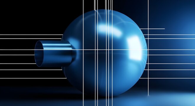 3d metallic sphere reflecting light on grid background in futuristic design
