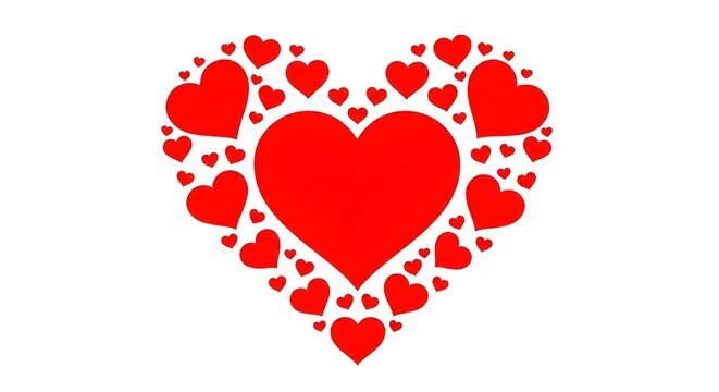 bold red heart shape with scattered floating love hearts on white background