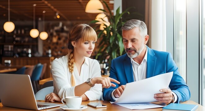 Professional business meeting with documents and laptop in modern cafe