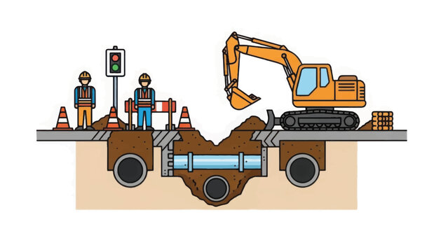 Underground Utility Pipe Repair and Road Construction Cross-Section. Excavator, Workers, and Traffic Safety Zone for Infrastructure Maintenance.