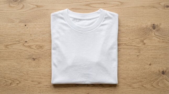 Top-down view of a folded blank white t-shirt mockup on a wooden background, minimalist apparel design template