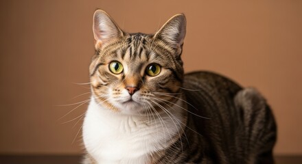 Obraz premium Portrait of a Focused Tabby Cat with Green Eyes.