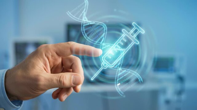 Vaccine development plays crucial role global health research where scientist laboratory use hand to interact with digital syringe and DNA strand symbols showing advanced medical science progress