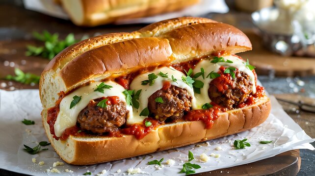 Meatball sub sandwich with melted cheese and tomato sauce on rustic table