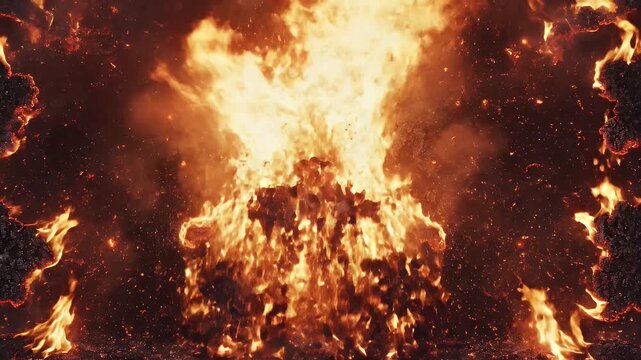 Intense overhead view of a fiery explosion, engulfed by flames, with dark, rocky textures