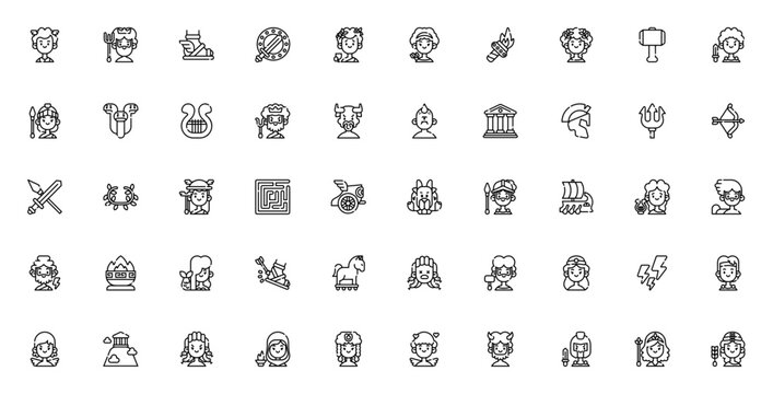 Greek Mythology icon set. Vector symbols of Zeus, Medusa, Hercules, Poseidon, Athena, Trojan horse, Minotaur, Olympus, and more. Editable stroke.