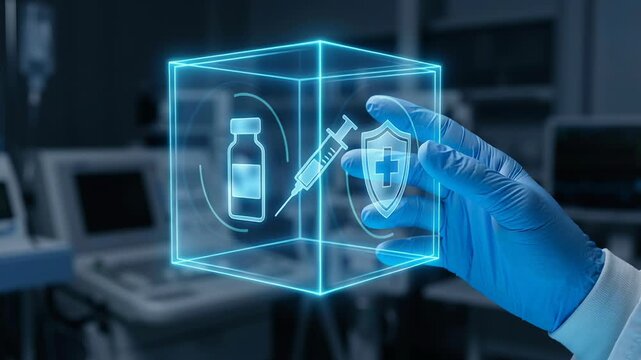 Vaccine development in global health research laboratory features scientist with blue gloves holding holographic syringe and shield symbolizing protection and progress in health research