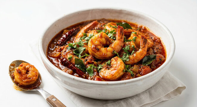 Indian Prawn Masala Tiger Prawns in Spiced Tomato Onion Gravy with Curry Leaves Chili and Coriander in White Bowl White Background