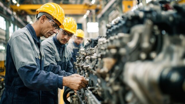 inspection team checking quality of finished tractor engines on blurred background