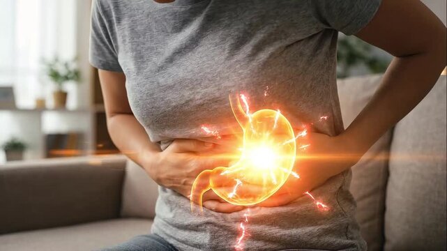 Young woman suffering from severe abdominal pain clutching her torso with a glowing 3D stomach hologram overlay indicating a digestive health issue.
