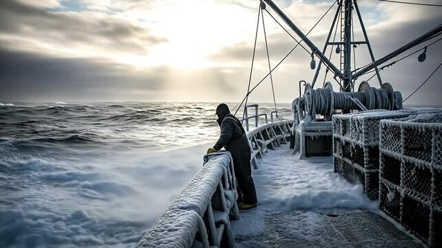 Commercial Crab Fisherman on Icy Deck During Winter Storm in Bering Sea