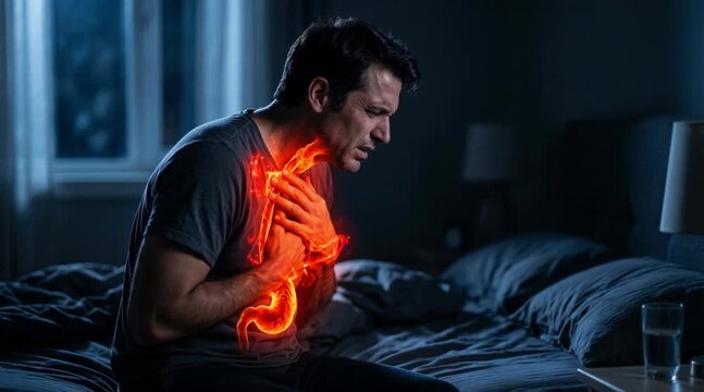 Man experiencing intense nighttime heartburn and severe chest pain while sitting on his bed with a glowing red acid reflux visual effects overlay.