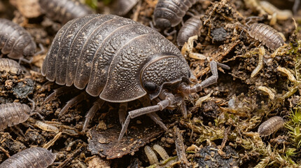 Obraz premium Woodlouse Macro Close-Up in Forest Soil Habitat