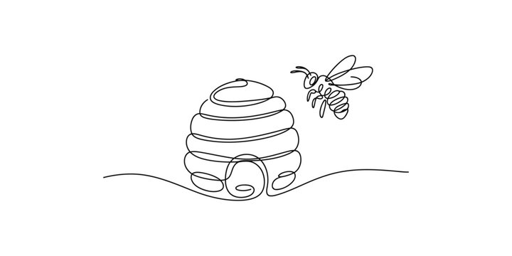 A bee flying near a beehive in a simple line drawing style insect hive black