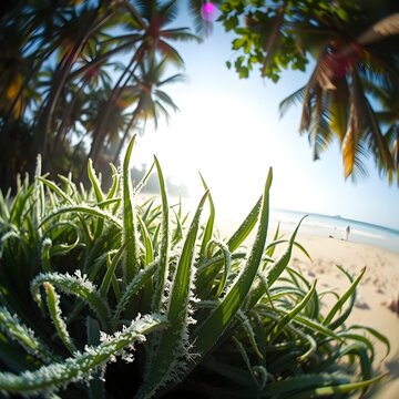 high quality, stock photo, morning frost crystals on grass blades, tropical beach at low tide, calm water, fisheye distortion inside forest canopy perspective, surreal oversaturated color pop, with le