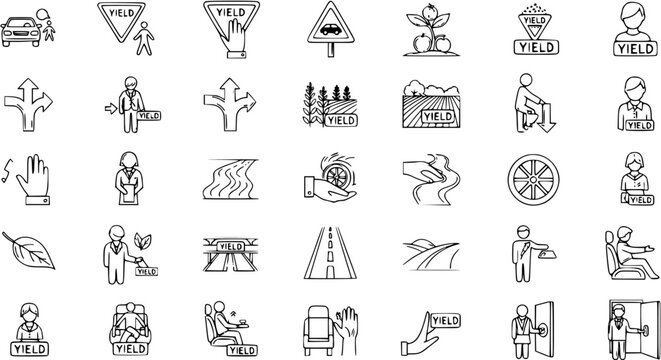 Hand-drawn outline icon set featuring yield signs, traffic, agriculture, people, decisions, and business concepts.