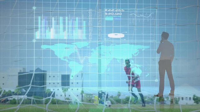 Male player in red kit stepping, dribbling, shooting on goal, keeper diving, sports charts tracking