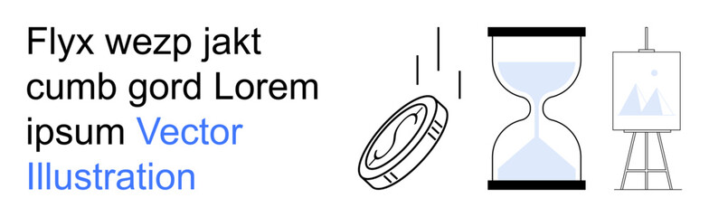 Financial planning, artistic creativity, time management, business value, investment concepts, productivity. Coin falling, hourglass and canvas on display. Financial planning and artistic creativity © robu_s