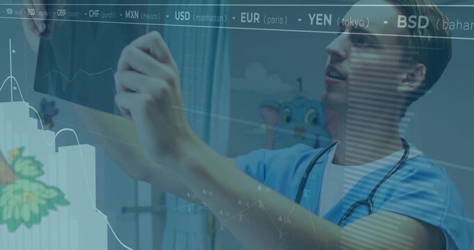 Male doctor reaching, rotating, inspecting film in clinic for diagnosis, graphs USD EUR overlaying