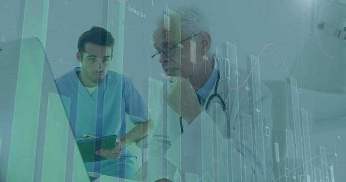 Vertical video: Dr pointing at monitor and guiding nurse, reviewing medical graphs overlaying frame