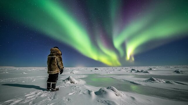 Inuit Man in Traditional Fur Parka Watching Aurora Borealis in Arctic Tundra