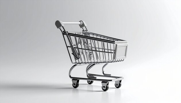A pristine, empty miniature shopping cart standing against a clean, bright background, symbolizing the evolving landscape of modern retail and consumer behavior