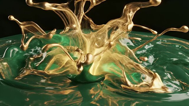 Abstract liquid design featuring emerald green gloss with golden streaks, splash effect