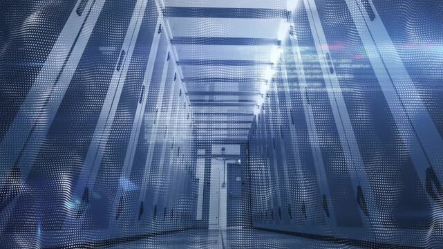 Central server aisle showing data flow activating HUD for monitoring, light streaks drawing to door