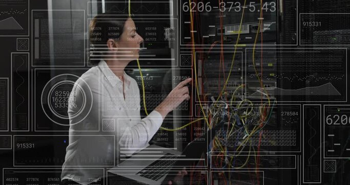 Woman technician kneeling by rack, tracing yellow cable after laptop alert, fixing network with HUD