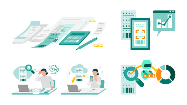 Household budget management and personal finance line art illustration set capturing daily expense tracking through AI powered receipt scanning for modern lifestyle