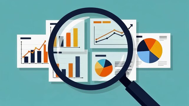Magnifying glass analyzing colorful business charts and graphs on a teal background for data review