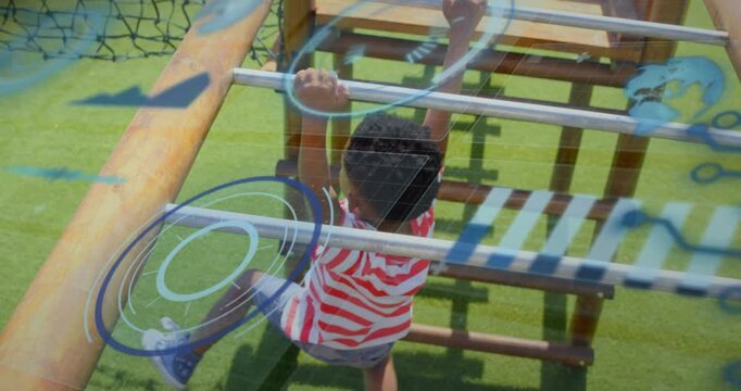 Boy reaching and gripping rungs, climbing ladder for play while HUD overlaying, moving toward end