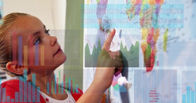 Schoolgirl touching map, pointing and tracing while clear charts overlaying map aiding education