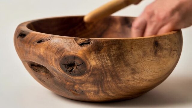Handcrafted natural wooden bowl with rustic texture and unique grain patterns held by hands