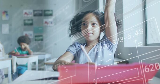Girl finishing book raising right hand to answer in classroom schematic overlays moving over desk