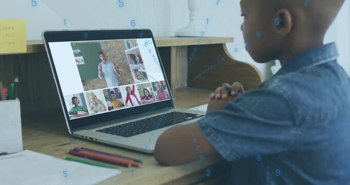 Child watching laptop while teacher gesturing, causing thumbnails updating, learning tools visible