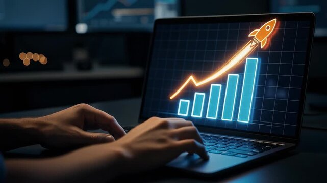 Business growth concept with rising graph and rocket illustration on laptop screen