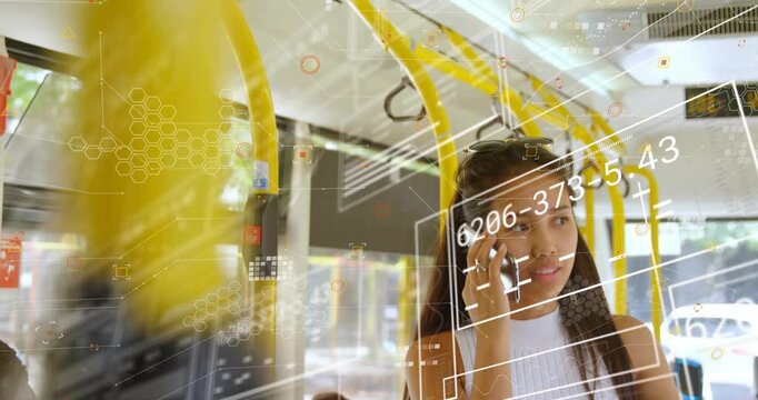 Female passenger commuting standing by bus rail answering incoming call while AR graphics map face