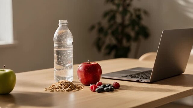 Healthy work desk with laptop bottle of water fresh apple berries and granola for balanced nutrition
