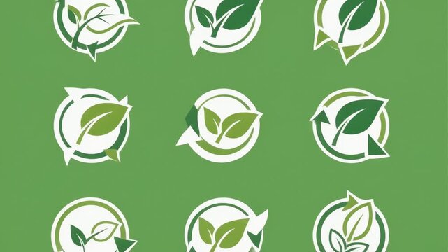 Eco friendly green recycling icons with leaves representing sustainability and environmental protection