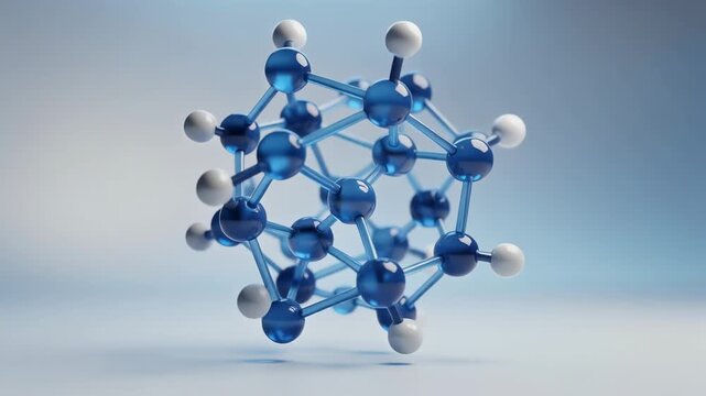 3D molecular model with blue and white atoms representing chemical structure and scientific research concept