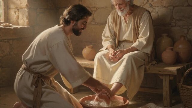 Man washing elderly man's feet in traditional setting showing care and humility with warm lighting