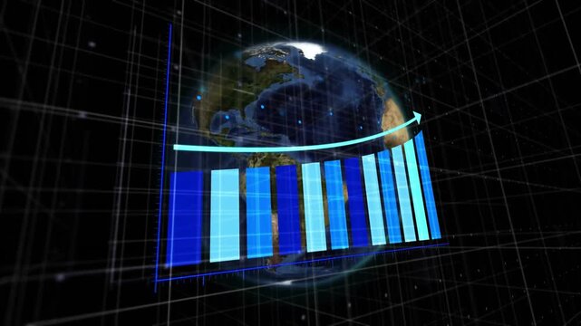 Vertical video: Animating start, 3D globe and bar chart building on grid, showing cyan trend arrow