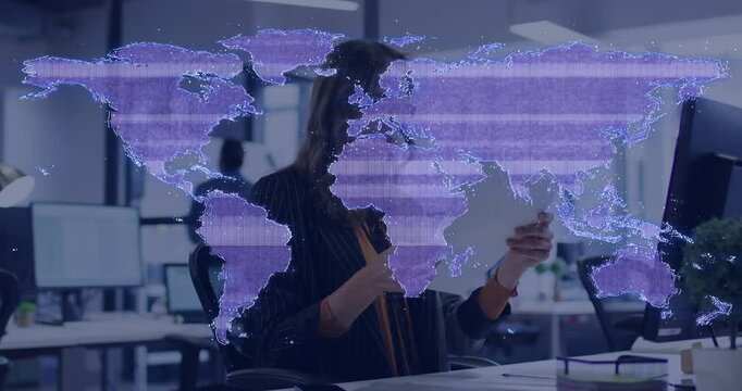 Vertical video: AR map casting urging woman in blazer checking phone  and  paper at desk reviewing d