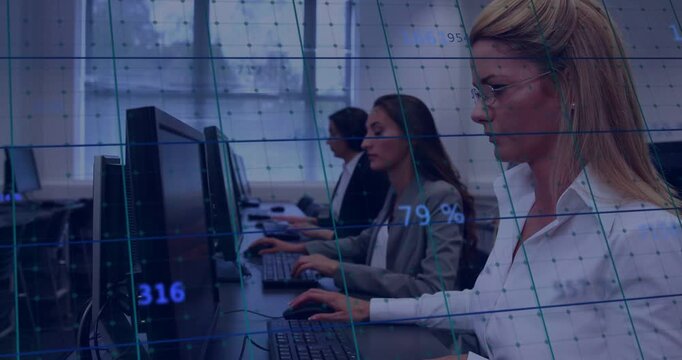 Vertical video: Typing three women in workwear at screens camera panning right reading data overlay